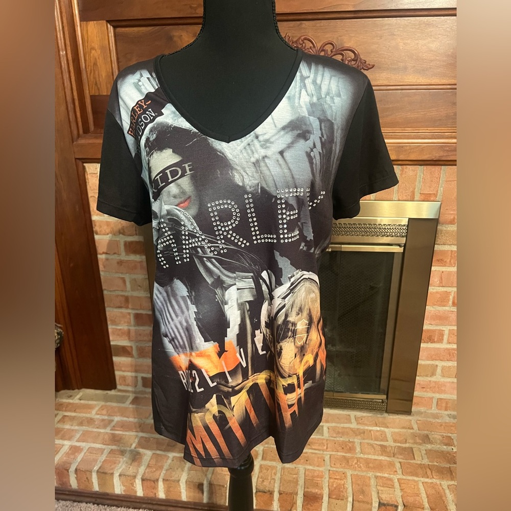Harley-Davidson Black Winged Logo Tee Size Large with Bling from Denver New